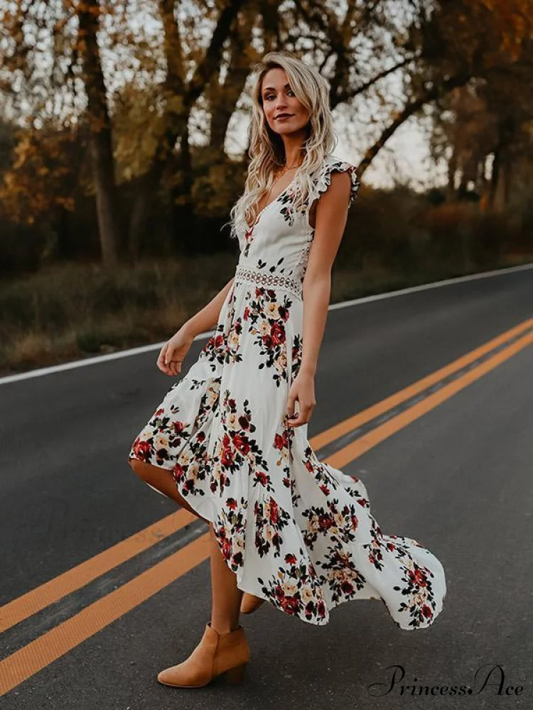 Neck Full-Length V Asymmetry Flowered Bohemia Backless Dress - Image 4