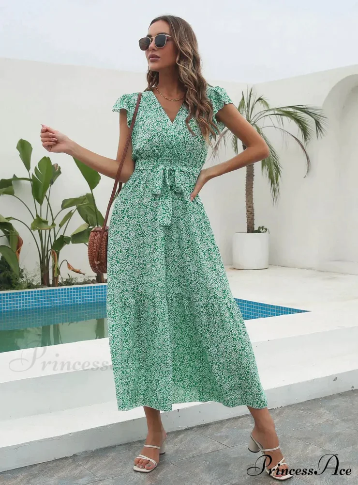 Flowered Brief Arm Chiffon V-Neck Patterned Dress - Image 2