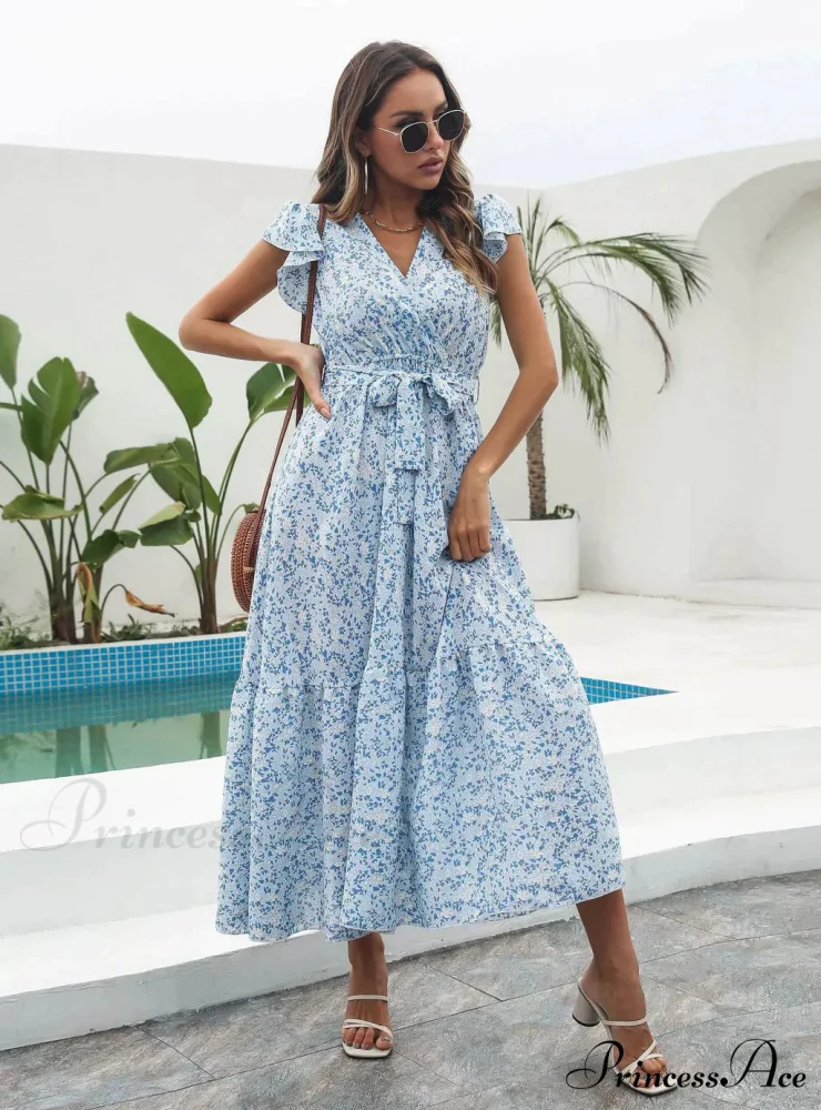 Flowered Brief Arm Chiffon V-Neck Patterned Dress - Image 3