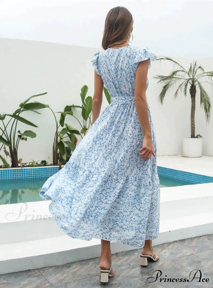 Flowered Brief Arm Chiffon V-Neck Patterned Dress - Image 5
