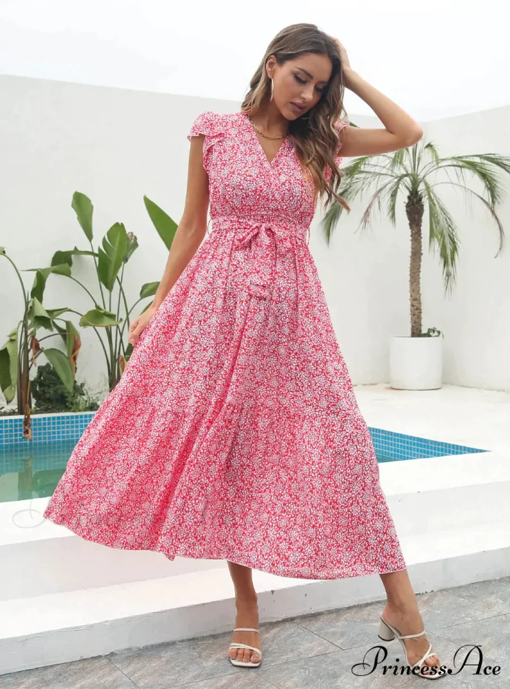 Flowered Brief Arm Chiffon V-Neck Patterned Dress - Image 6