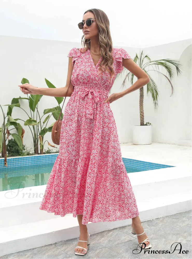 Flowered Brief Arm Chiffon V-Neck Patterned Dress - Image 7