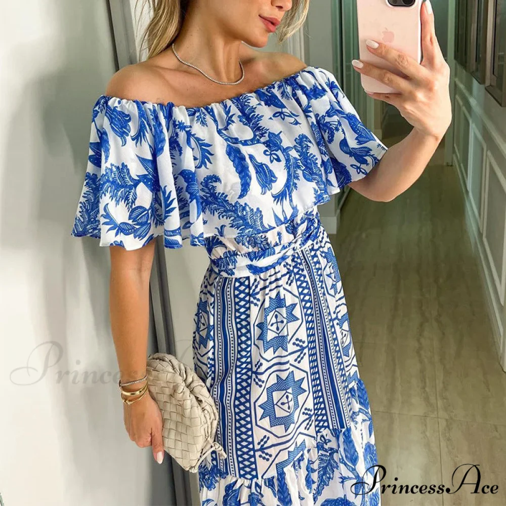 with Design Shoulder Full-Length Gown Geometric Off Ruffle Design - Image 2