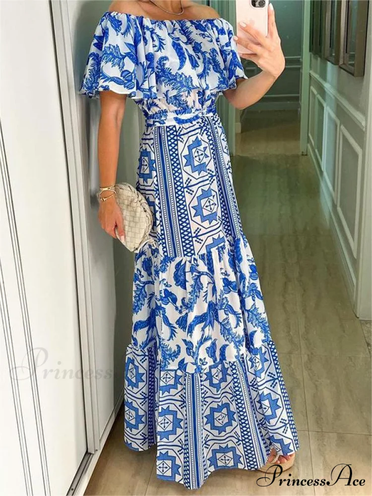 with Design Shoulder Full-Length Gown Geometric Off Ruffle Design - Image 3