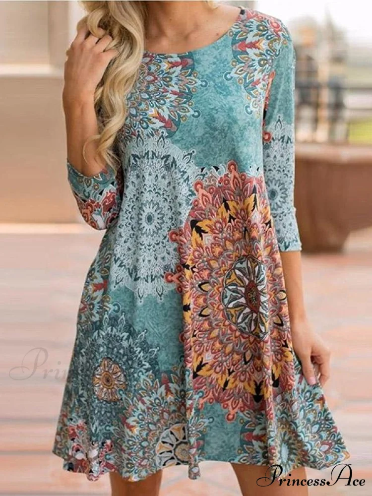 Mini Long Round-Neck Green Arm Bohemia Patterned Dress - Image 2