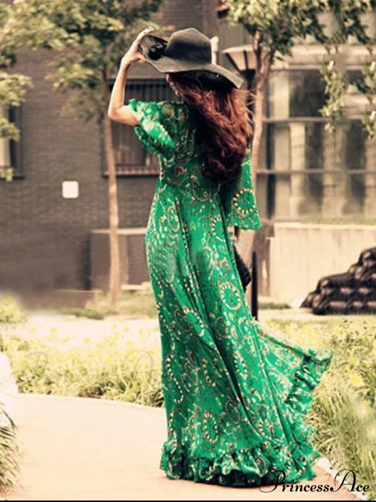 Chiffon Gown V-Neck Full-Length Bohemia Flared Green with Sleeves - Image 2
