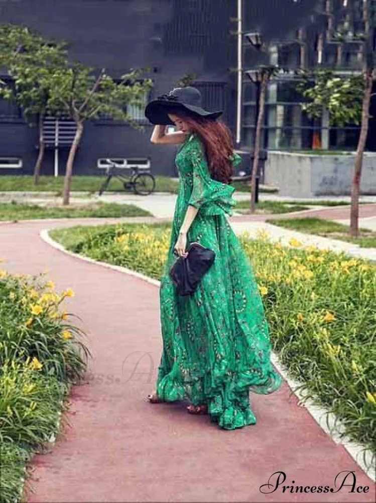 Chiffon Gown V-Neck Full-Length Bohemia Flared Green with Sleeves - Image 3