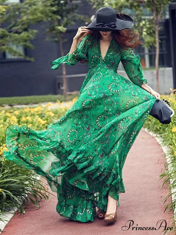 Chiffon Gown V-Neck Full-Length Bohemia Flared Green with Sleeves - Image 4