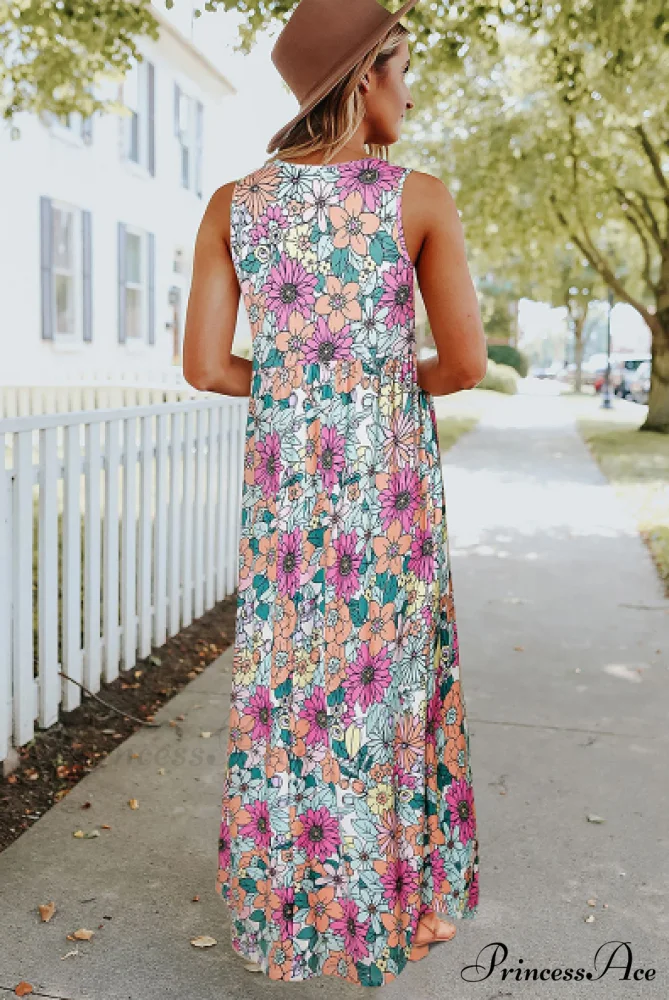 Round Patterned Flowered High Waist Neck Dress - Image 2