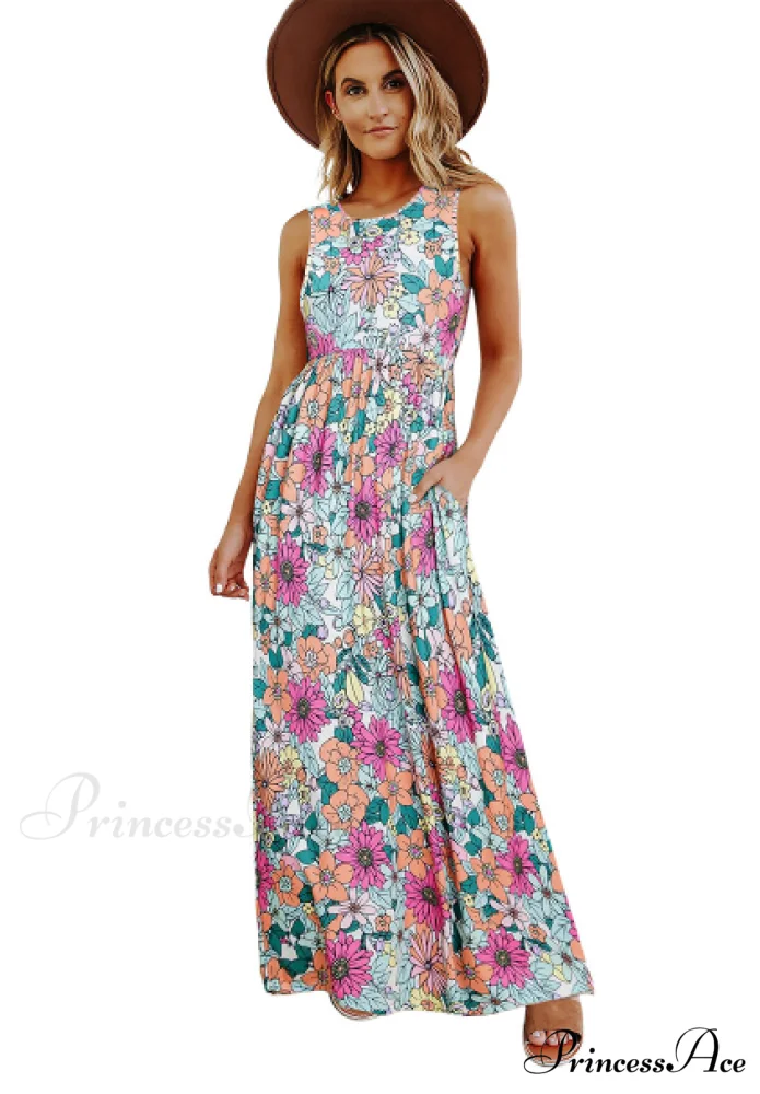 Round Patterned Flowered High Waist Neck Dress - Image 3