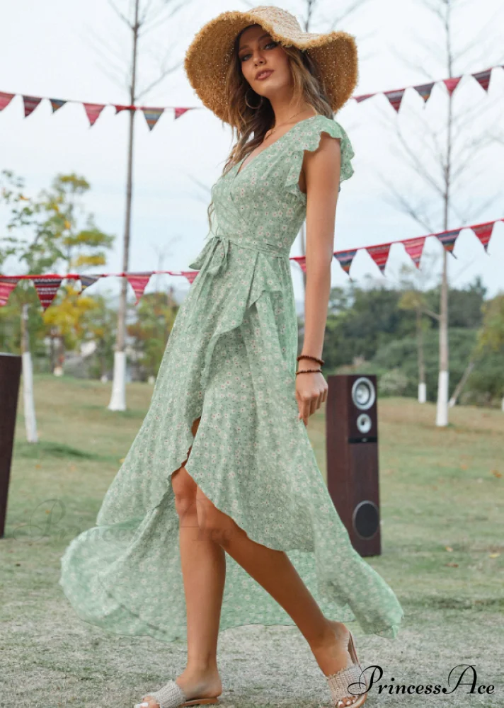 Lotus V-Neck Warm-Season Gown Coastal Low Sleeves Flowered High Straps Tank Foliage Dress - Image 2