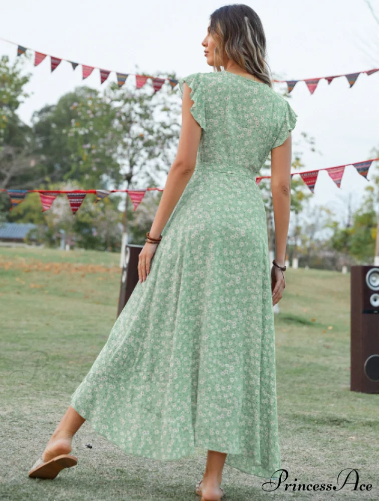 Lotus V-Neck Warm-Season Gown Coastal Low Sleeves Flowered High Straps Tank Foliage Dress - Image 3