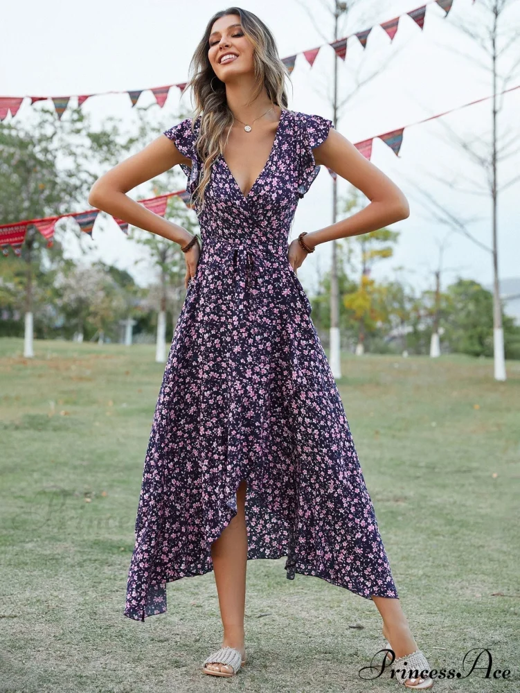 Lotus V-Neck Warm-Season Gown Coastal Low Sleeves Flowered High Straps Tank Foliage Dress - Image 4