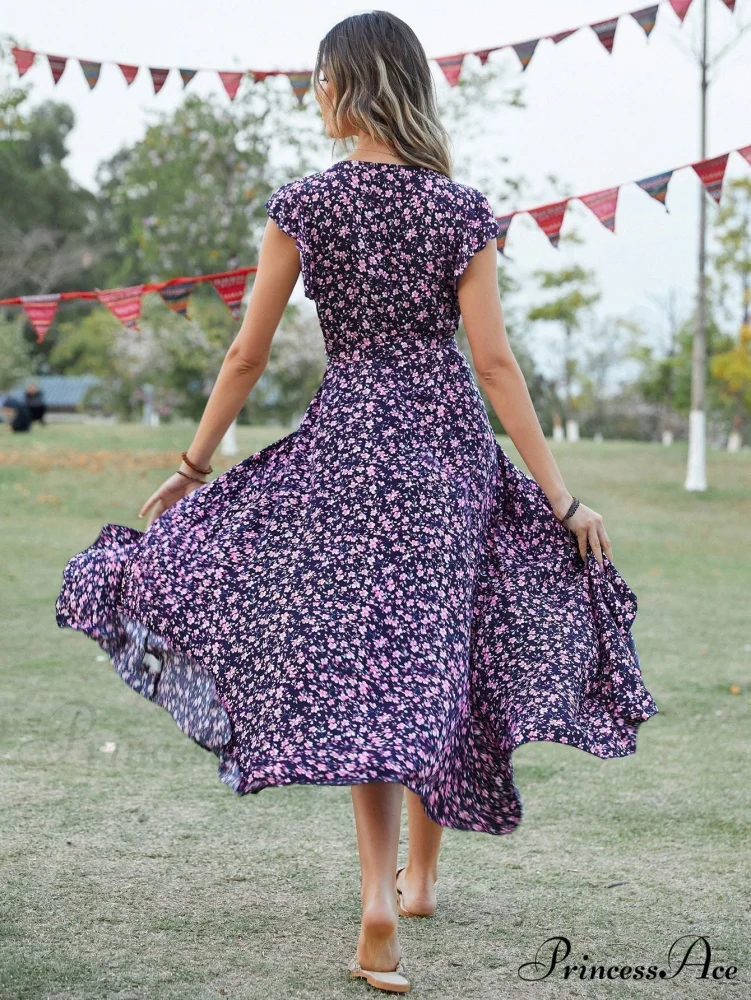 Lotus V-Neck Warm-Season Gown Coastal Low Sleeves Flowered High Straps Tank Foliage Dress - Image 5