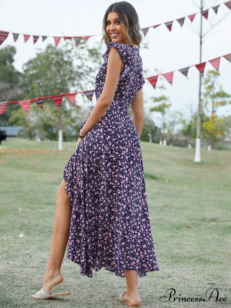 Lotus V-Neck Warm-Season Gown Coastal Low Sleeves Flowered High Straps Tank Foliage Dress - Image 6