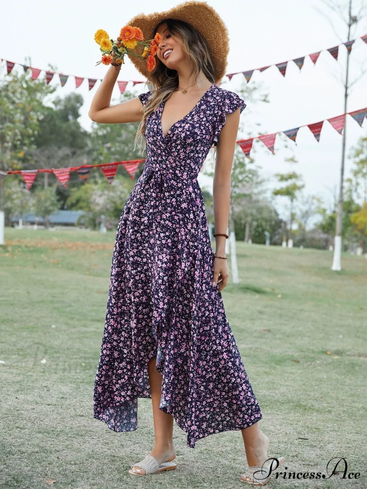 Lotus V-Neck Warm-Season Gown Coastal Low Sleeves Flowered High Straps Tank Foliage Dress - Image 7