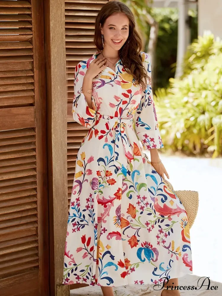 Waist Design Gown with Long Tie V-Neck Blouse Belt Sleeves - Image 4