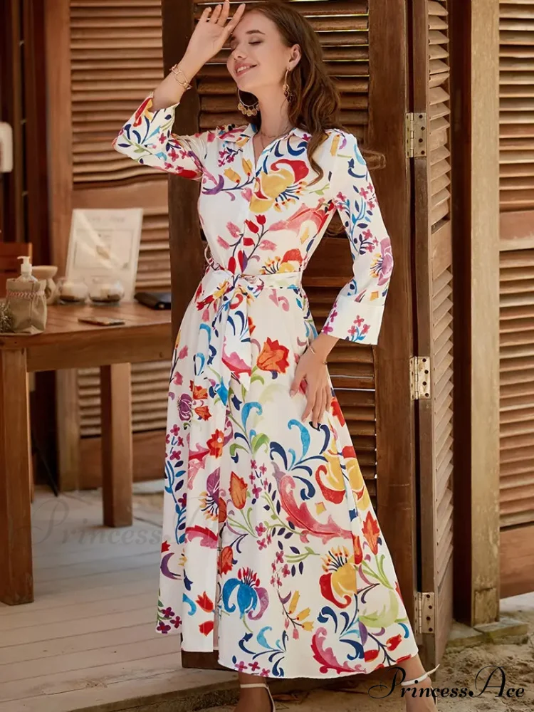 Waist Design Gown with Long Tie V-Neck Blouse Belt Sleeves - Image 5