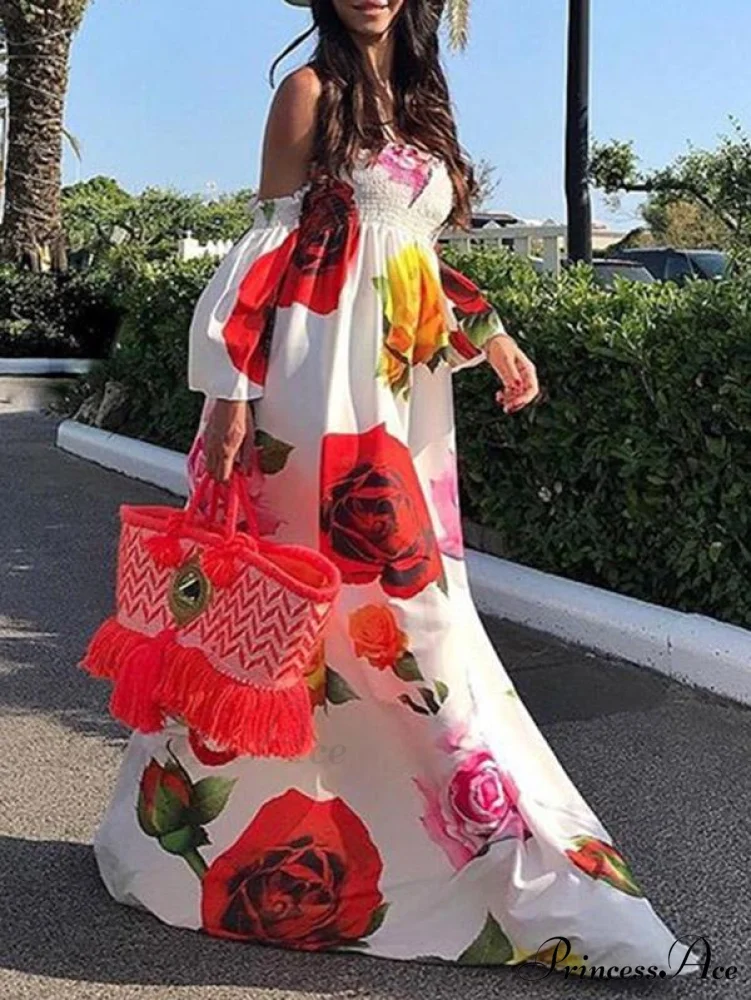 Full-Length Shoulder Flowered Warm-Season Off Dress - Image 2