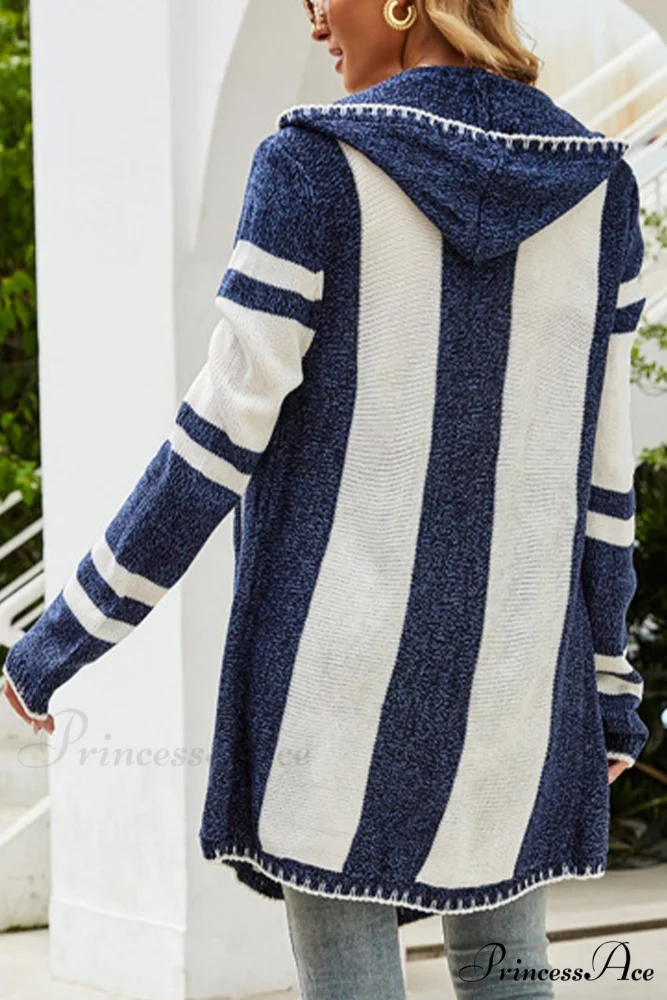 Contrast with Striped Cardigan Hooded Mid-Length Design - Image 4