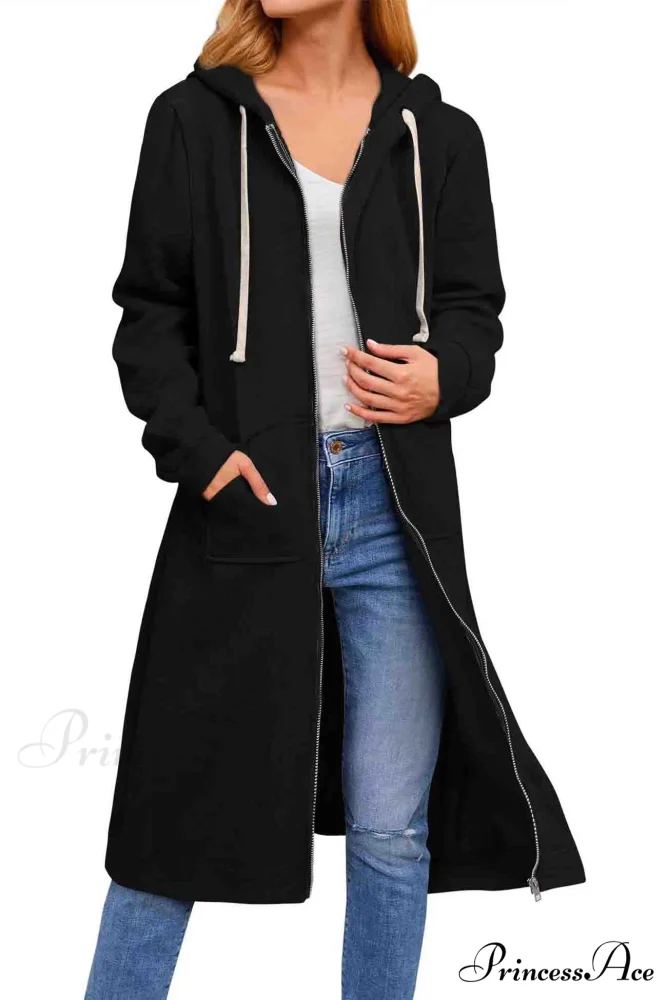 Zip Up Hooded Long Drawstring Cardigan - Image 3