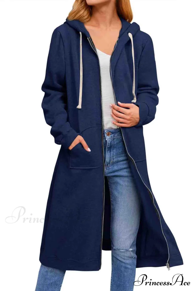 Zip Up Hooded Long Drawstring Cardigan - Image 4