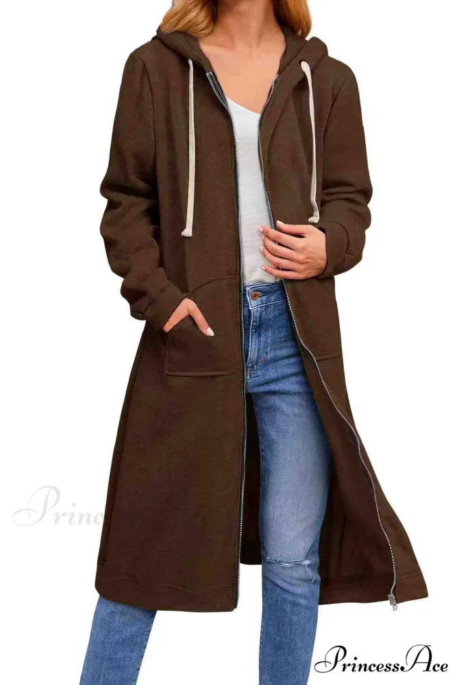 Zip Up Hooded Long Drawstring Cardigan - Image 5