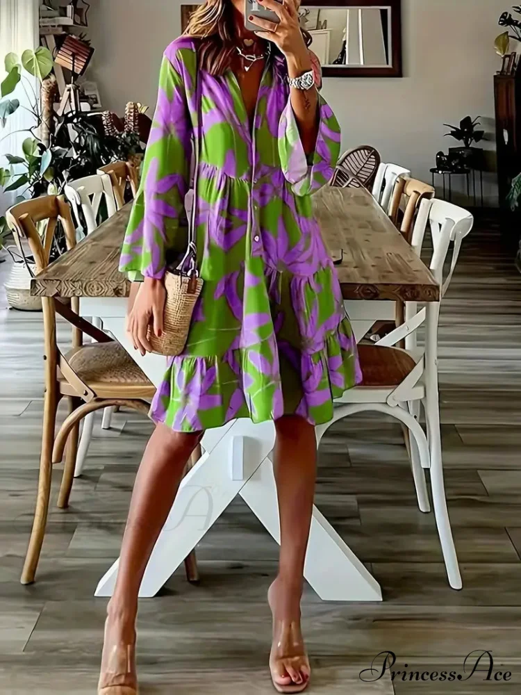 with Arm Long Gown Leaves Full-Length Tiered Print - Image 2