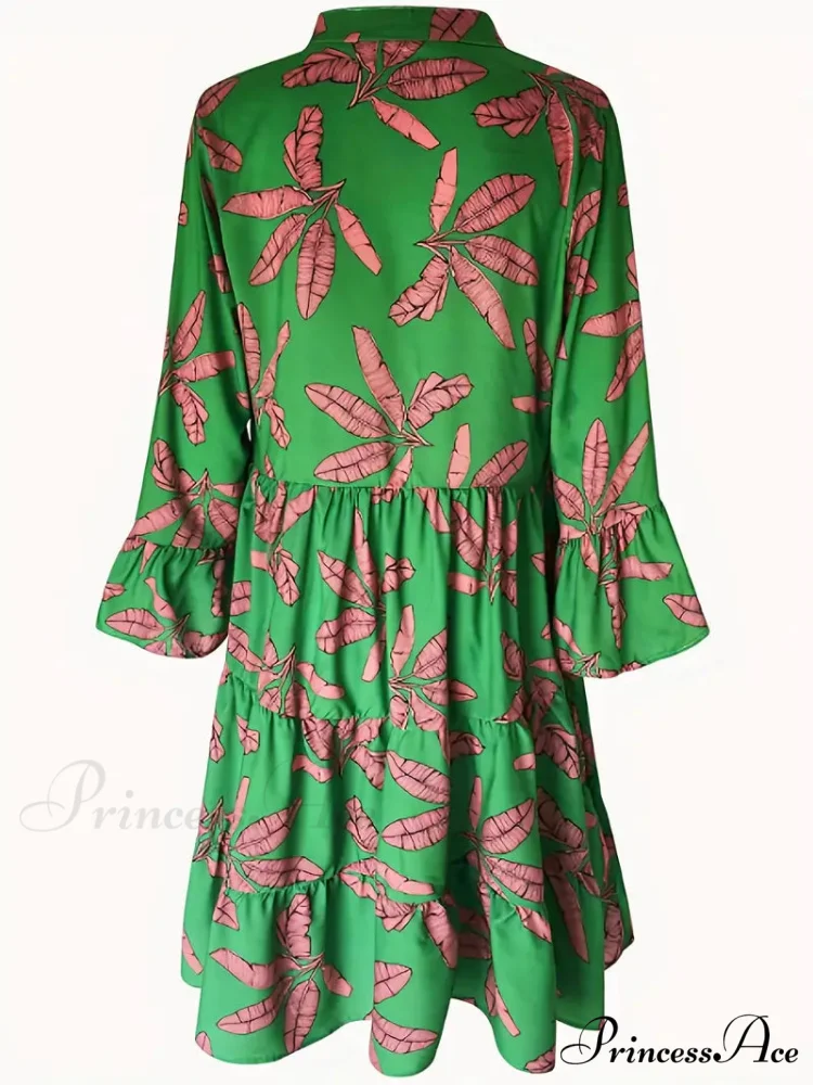 with Arm Long Gown Leaves Full-Length Tiered Print - Image 3