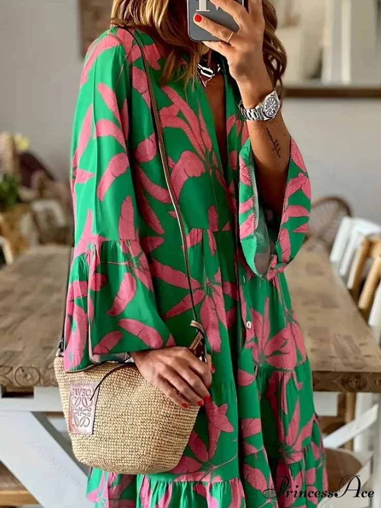 with Arm Long Gown Leaves Full-Length Tiered Print - Image 4