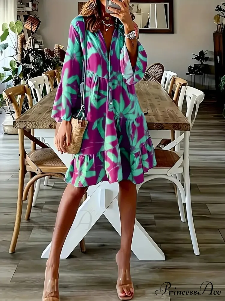 with Arm Long Gown Leaves Full-Length Tiered Print - Image 5