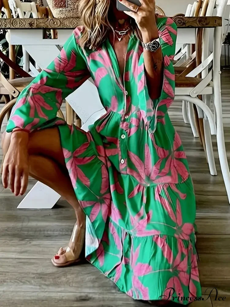 with Arm Long Gown Leaves Full-Length Tiered Print - Image 6