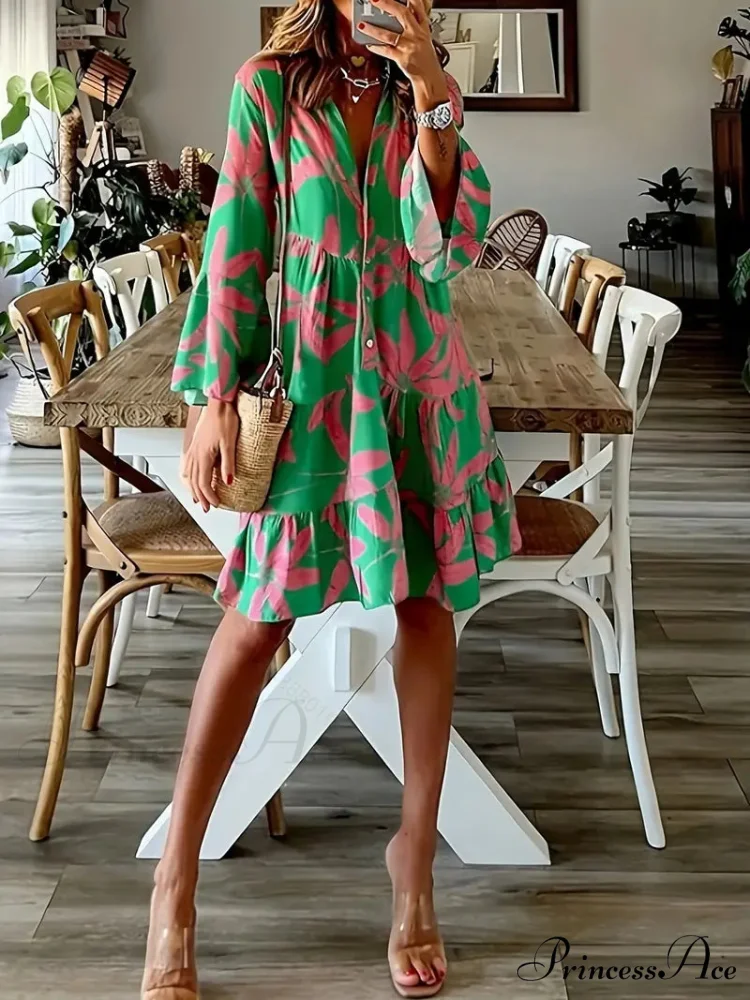 with Arm Long Gown Leaves Full-Length Tiered Print - Image 7