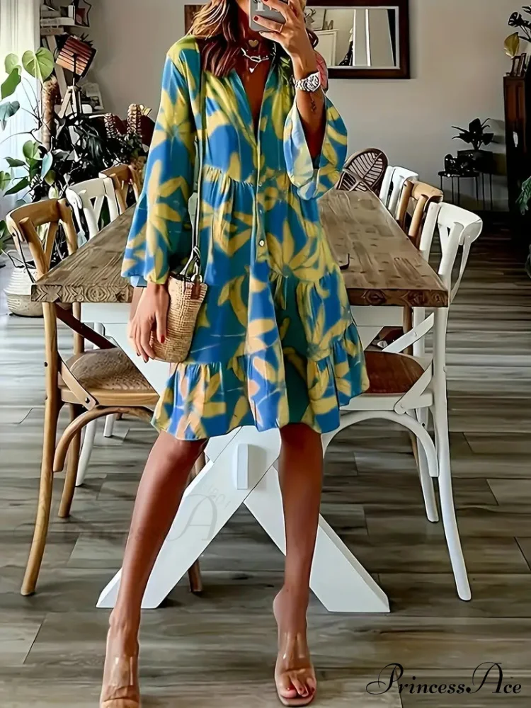 with Arm Long Gown Leaves Full-Length Tiered Print - Image 8