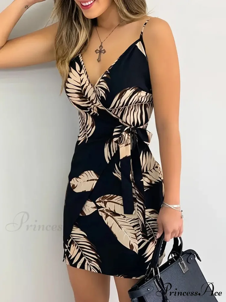 Neck Sleeveless V Foliage with Backless Gown Print - Image 2