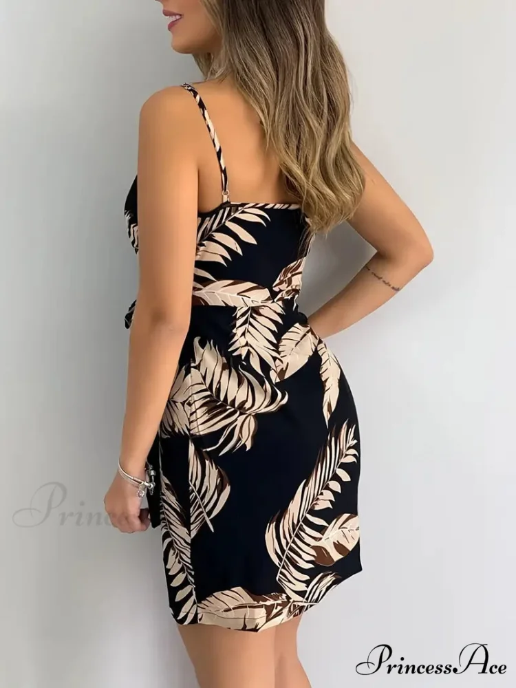 Neck Sleeveless V Foliage with Backless Gown Print - Image 3
