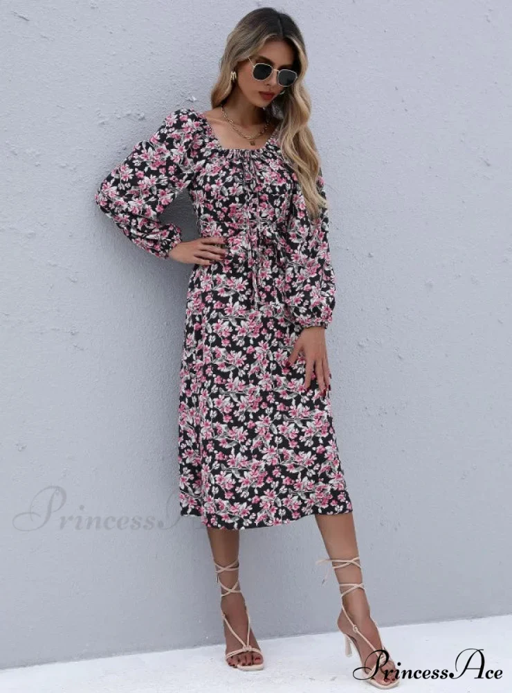Boxy Neckline Flowered Long Gown Folded - Sleeve - Image 2