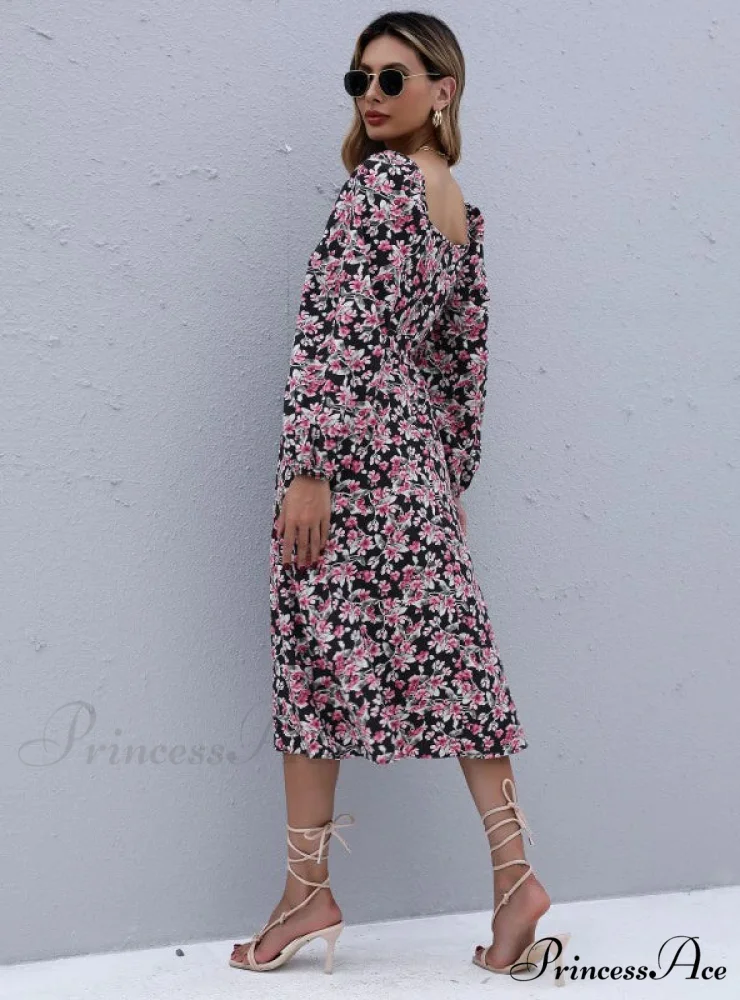 Boxy Neckline Flowered Long Gown Folded - Sleeve - Image 3