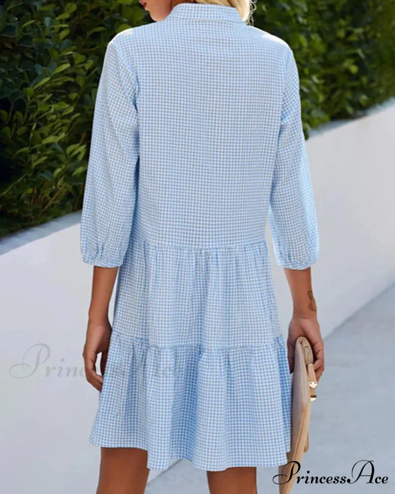 Plaid Print Dress with Stand Collar - Image 3