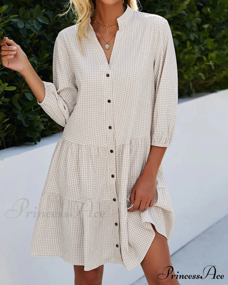 Plaid Print Dress with Stand Collar - Image 5