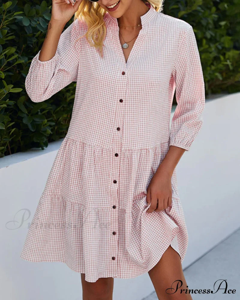 Plaid Print Dress with Stand Collar - Image 6