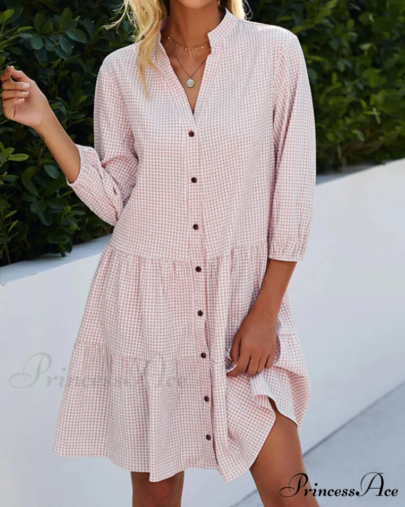 Plaid Print Dress with Stand Collar - Image 7