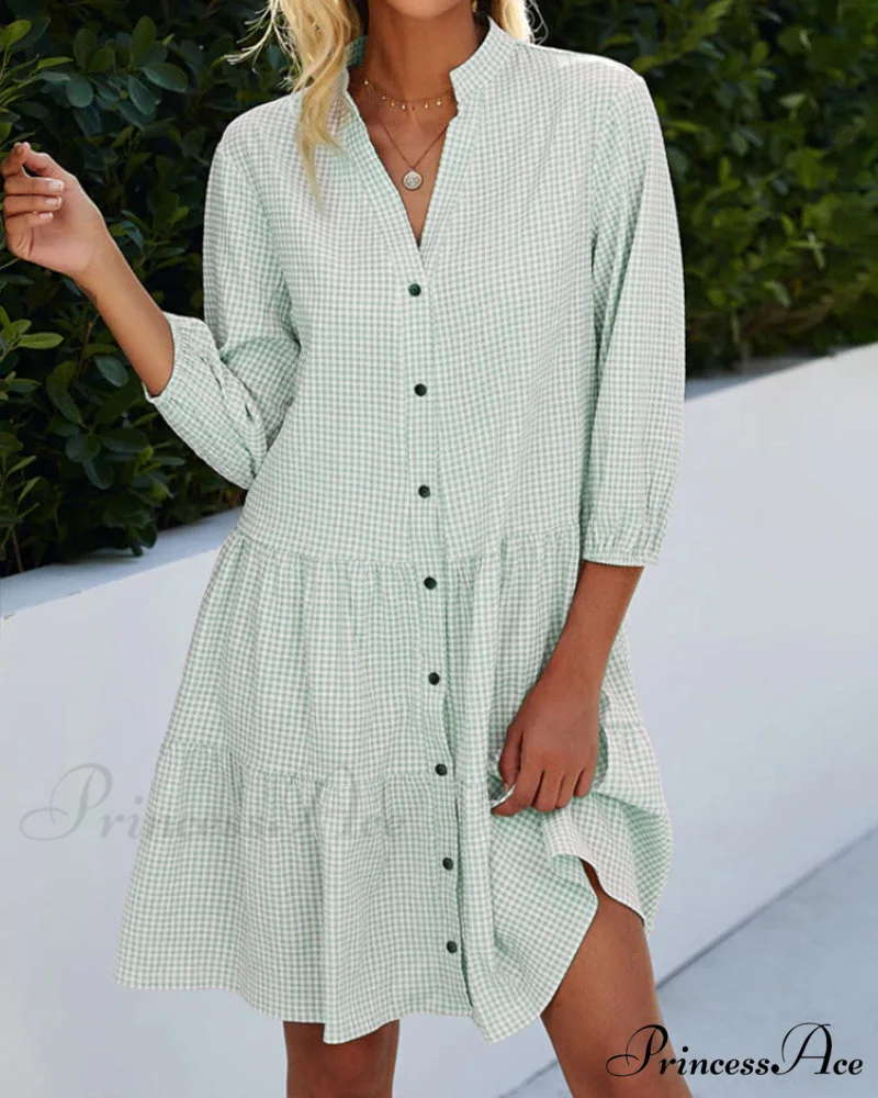 Plaid Print Dress with Stand Collar - Image 8