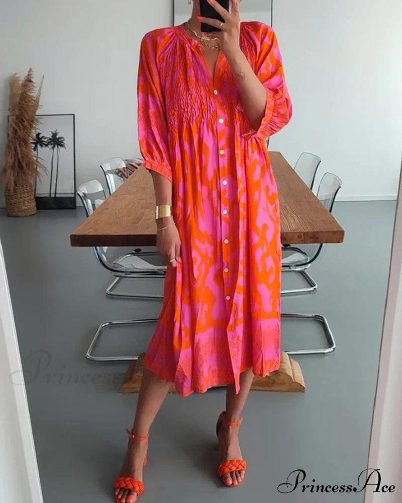 Print Midi Dress with 3/4 Sleeves - Image 2