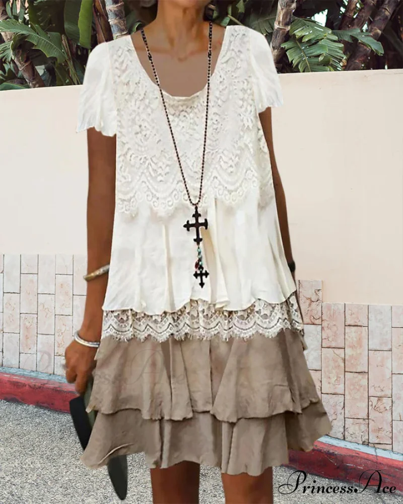 Color block lace dress with round neck - Image 2
