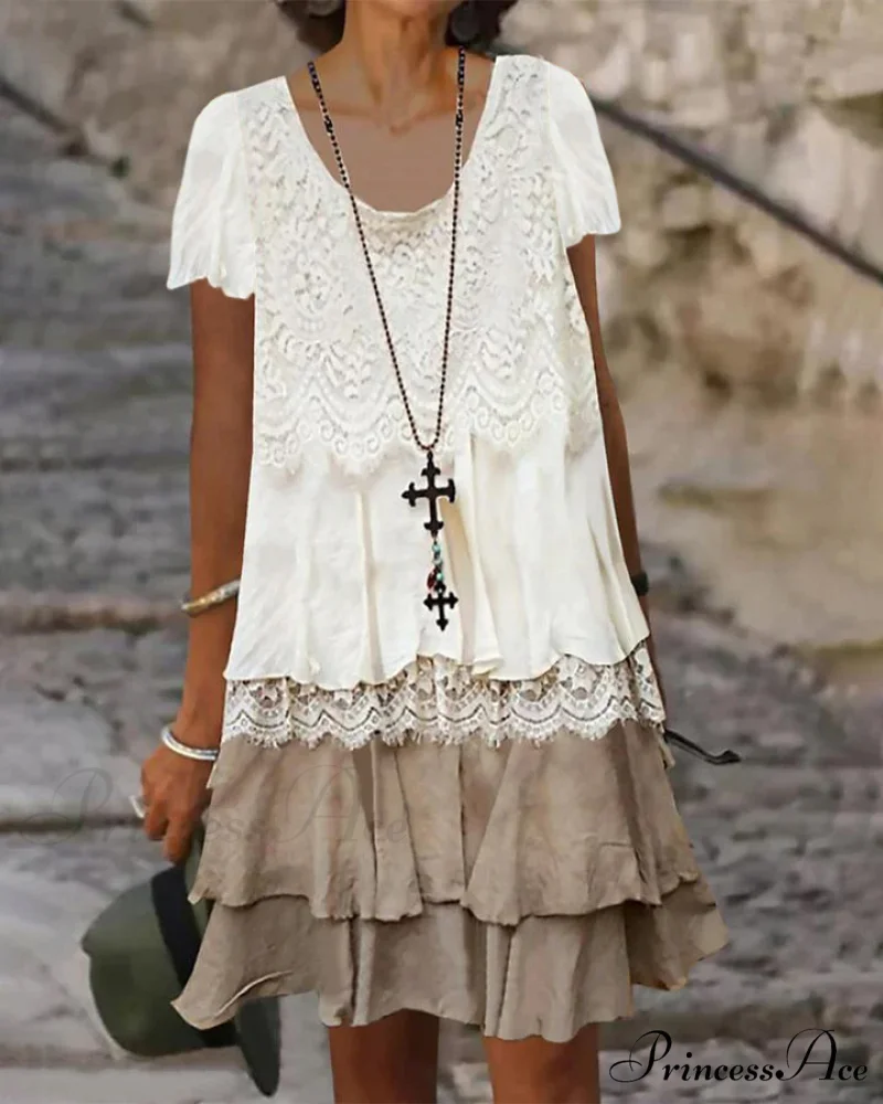 Color block lace dress with round neck - Image 4