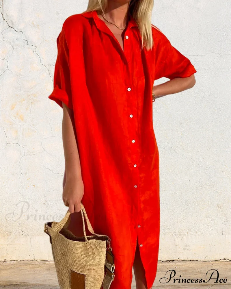 Solid color cotton shirt dress - Image 2