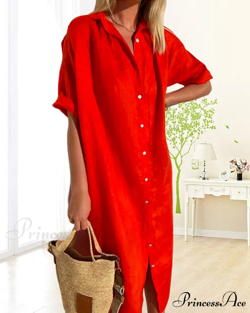 Solid color cotton shirt dress - Image 3