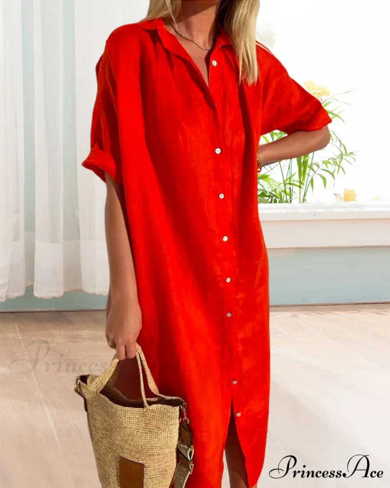 Solid color cotton shirt dress - Image 4