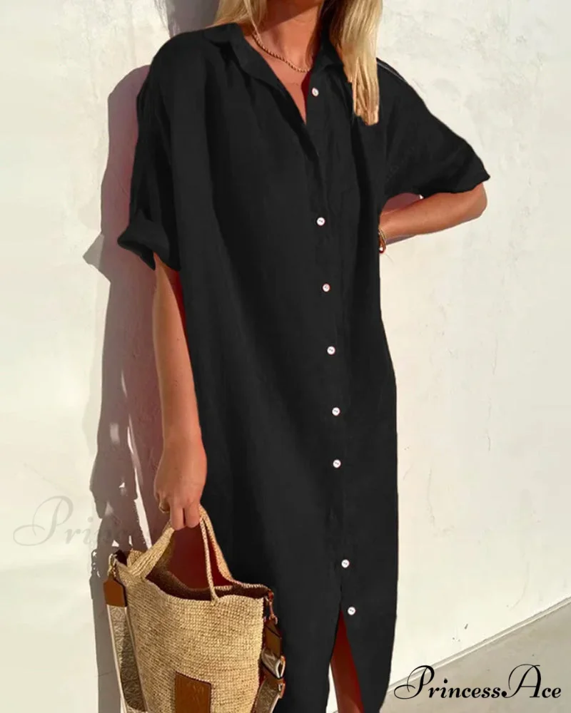 Solid color cotton shirt dress - Image 5
